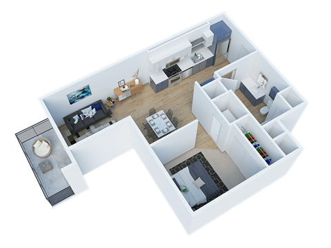 Floor plan for 1 bed, 1 bath, 605 sqft